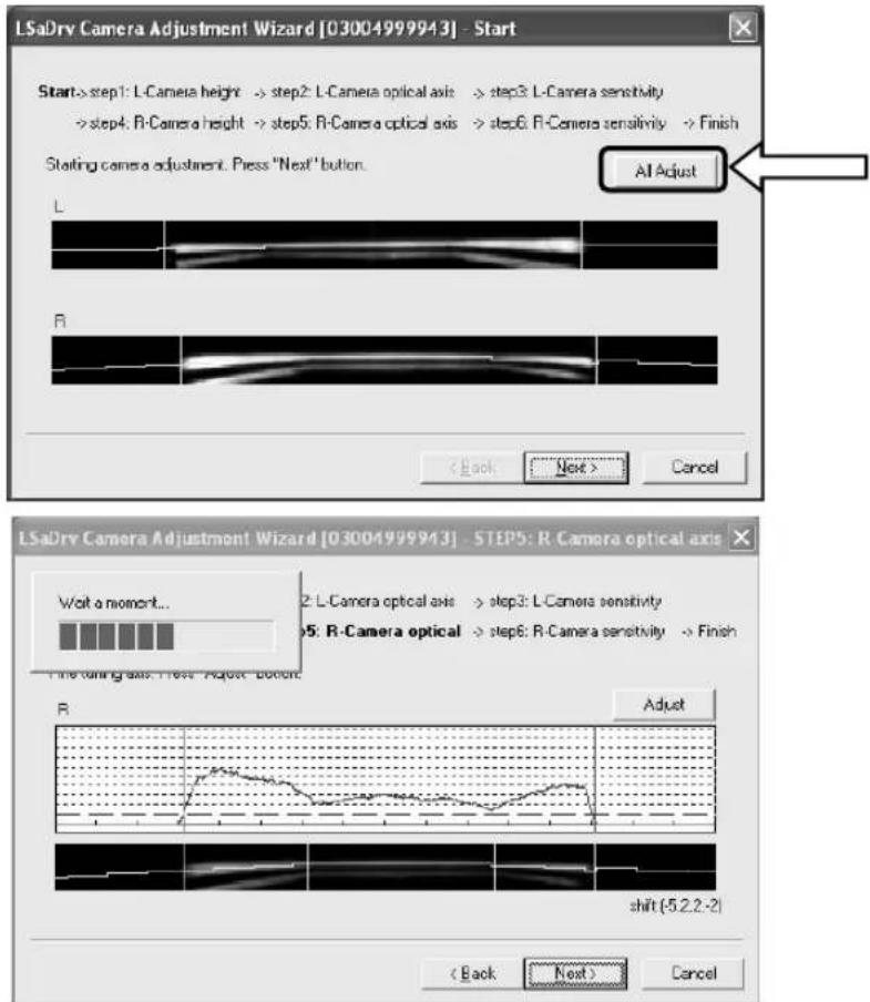 LSaDrv Camera Adjustment Wizard [03004999943] - Start Start: step1: L-Camera height -> step2: L-Camera optical axis -> step3: L-Camera sensitivity → step4: R-Camera height -> step5: R-Camera optical axis -> step6: R-Camera sensitivity -> Finish Stating camera adjustment. Press "Next" button. All Adjust L R < Back Next > Cancel LSaDrv Camera Adjustment Wizard [03004999943] - STEP5: R-Camera optical axis Wait a moment... 2: L-Camera optical axis -> step3: L-Camera sensitivity 5: R-Camera optical -> step6: R-Camera sensitivity -> Finish Find timing axis, press 'Adjust' button. R Adjust shift (5.2.2-2) < Back Next > Cancel