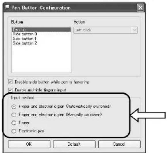 Pen Button Configuration Button Pen 10 Side button 0 Side button 1 Side button 2 Action Left click Disable side button while pen is hovering Enable multiple fingers input Input method Finger and electronic pen (Automatically switched) Finger and electronic pen (Manually switched) Finger Electronic pen OK Default Cancel