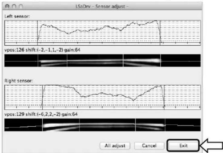 LSaDry - Sensor adjust - Left sensor: vpos:126 shift:(-2,-1,1,-2) gain:64 Right sensor: vpos:129 shift:(-6,2,2,-2) gain:64 All adjust Cancel Exit