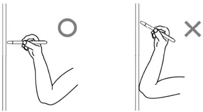 Illustration showing two hand positions with a pencil, one holding a circle and the other holding a cross, indicating correct and incorrect actions.