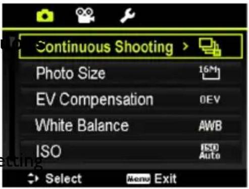 Continuous Shooting > Photo Size 16M EV Compensation 0EV White Balance AWB ISO ISO Auto Select Meno Exit