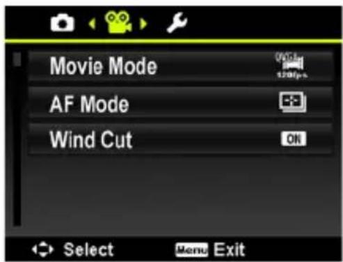 Movie Mode AF Mode Wind Cut Select Menu Exit