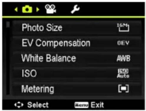 Photo Size 16M EV Compensation 0EV White Balance AWB ISO ISO Auto Metering [·] Select Menu Exit