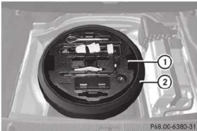 Mercedes-Benz E-Class Sedan (2011) - Removing the emergency spare wheel: AMG vehicles - 1