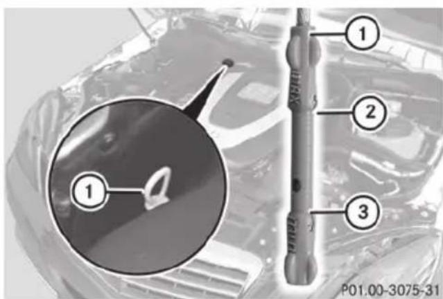 Mercedes-Benz E-Class Sedan (2011) - Checking the oil level using the oil dipstick - 1