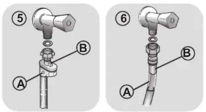 Technical diagram showing two mechanical assembly steps labeled A and B, with numbered annotations indicating component identification.