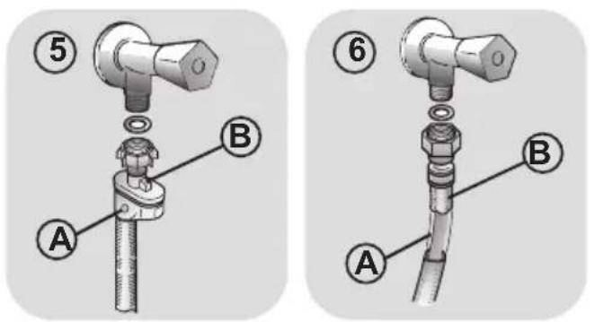 Technical diagram showing two mechanical assembly steps labeled A and B, with numbered annotations indicating component identification.