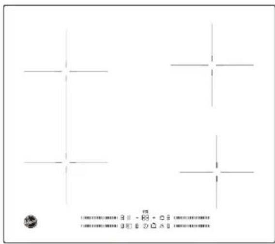 Technical drawing with four crosshair targets and a small circular symbol below, showing measurement annotations.