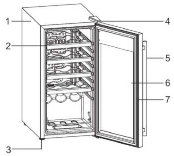 Labeled diagram of an open refrigerator with numbered parts for identification