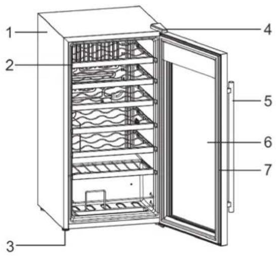 Labeled diagram of an open refrigerator with numbered parts for identification