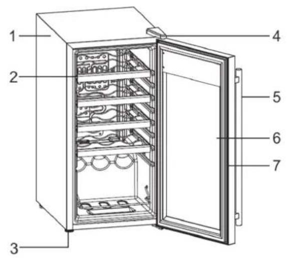 Labeled diagram of an open refrigerator with numbered parts for identification