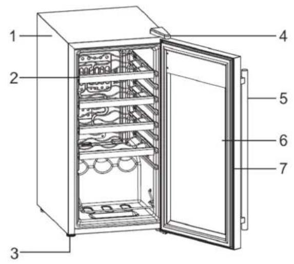 Labeled diagram of an open refrigerator with numbered parts for identification