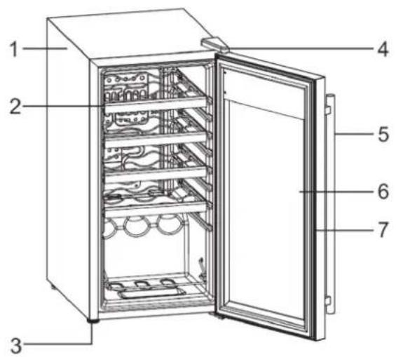 Labeled diagram of an open refrigerator with numbered parts for identification