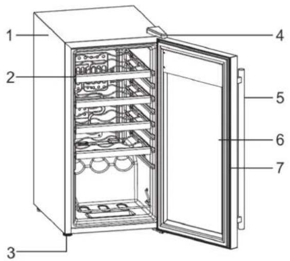 Labeled diagram of an open refrigerator with numbered parts for identification