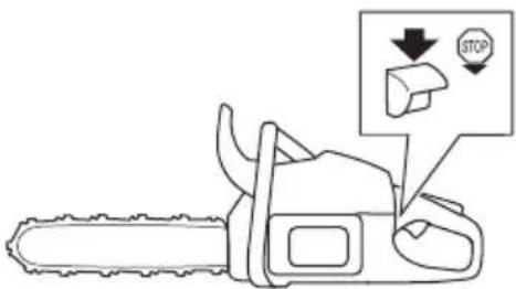 Diagram of a chainsaw with a stop button and directional arrow, indicating a warning or instruction.