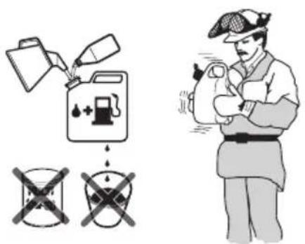 Safety warning illustration showing fuel injection and discharge symbols with a worker holding a bag