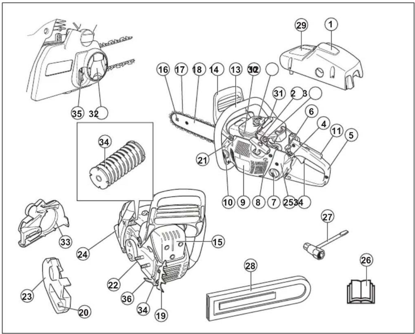 Exploded view diagram of a chainocopper with numbered parts for identification and assembly reference.