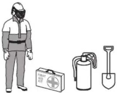 Illustration showing a person wearing a full-body mask, first aid kit, fire extinguisher, and shovel.