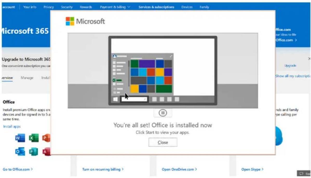 account | Your info | Privacy | Security | Rewards | Payment & billing | Services & subscriptions | Devices | Family Microsoft Upgrade to Microsoft 365 One convenient subscription you can Overview Manage Install Office Install premium Office apps on devices and be signed in to 5 a same time. Install apps W X P Q P A Go to Office.com > Turn on recurring billing > Open OneDrive.com > Open Skype > You're all set! Office is installed now Click Start to view your apps. Close office.com our ideas to file Office.com > Upgrade Show all my subscripti nds and family pe calling per Close