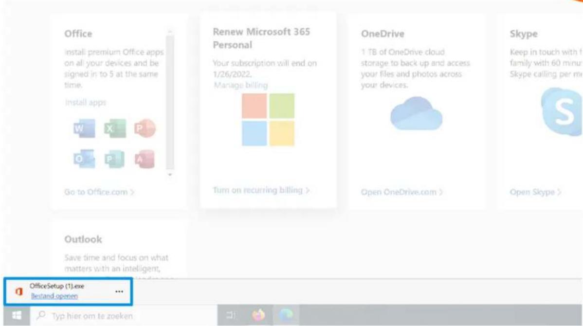 Office install premium Office apps on all your devices and be signed in to 5 at the same time. Install apps Go to Office.com > Renew Microsoft 365 Personal Your subscription will end on 1/26/2022. Manage billing Turn on recurring billing > OneDrive 1 TB of OneDrive cloud storage to back up and access your files and photos across your devices. Open OneDrive.com > Skype Keep in touch with f family with 60 minu Skype calling per m Open Skype > Outlook Save time and focus on what matters with an intelligent, OfficeSetup (1).exe Bestand.openen ... Typ hier om te zoeken