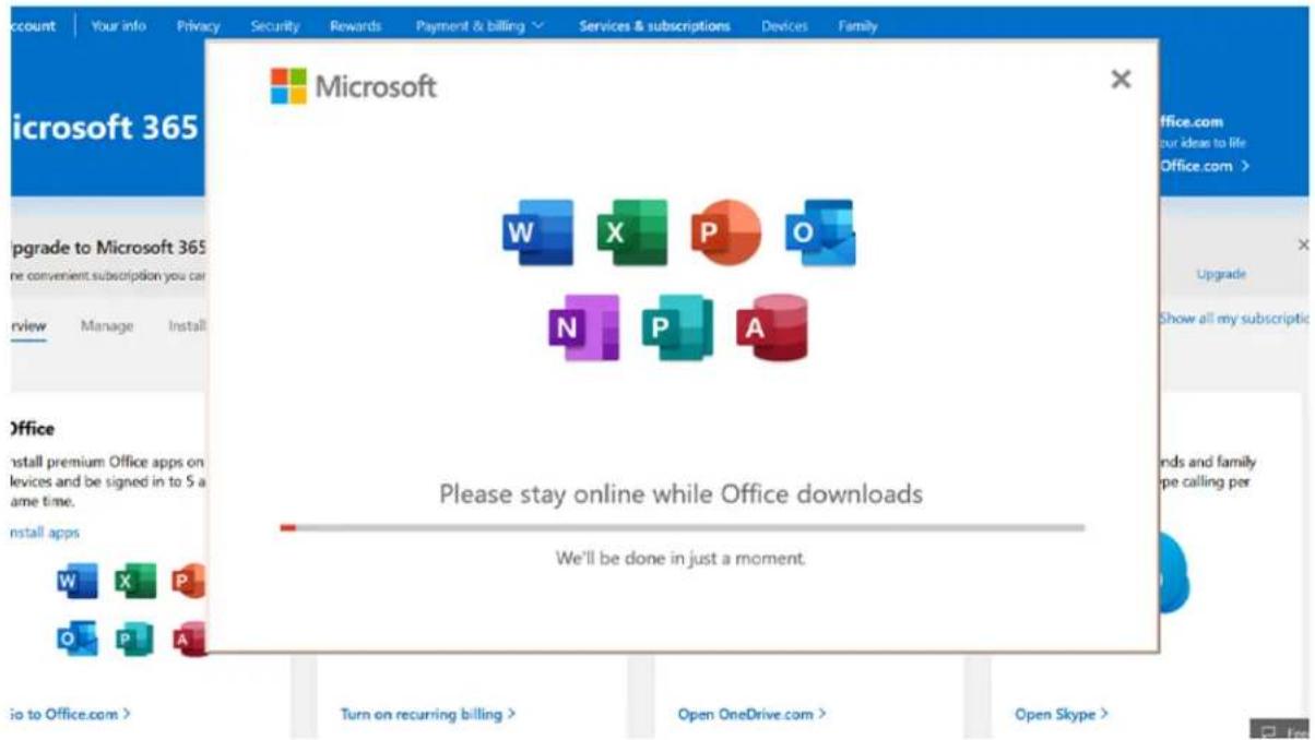 Microsoft W X P O N P A Please stay online while Office downloads We'll be done in just a moment. Office.com our ideas to life Office.com > Upgrade Show all my subscriptic nds and family pe calling per go to Office.com > Turn on recurring billing > Open OneDrive.com > Open Skype >