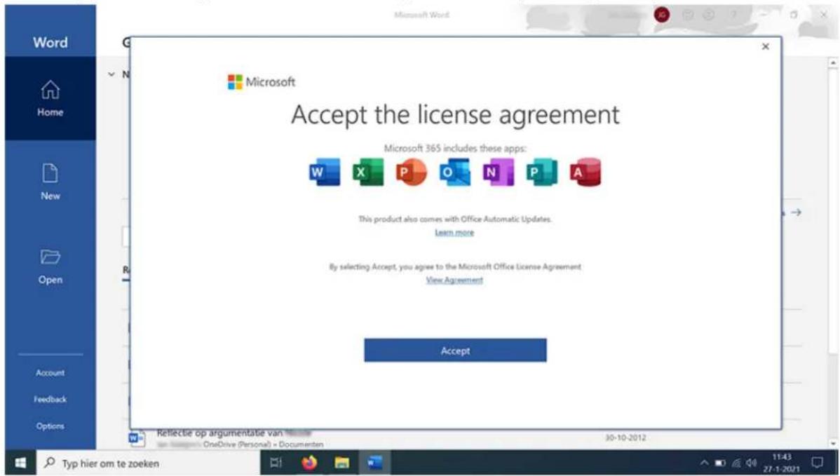 Microsoft Accept the license agreement Microsoft 365 includes these apps: This product also comes with Office Automatic Updates. Learn more By selecting Accept, you agree to the Microsoft Office License Agreement View Agreement Accept