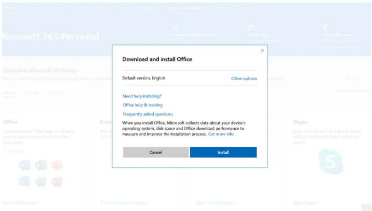 Download and install Office Default version, English Other options Need help installing? Office help & training Frequently asked questions When you install Office, Microsoft collects data about your device's operating system, disk space and Office download performance to measure and improve the installation process. Get more info Cancel Install