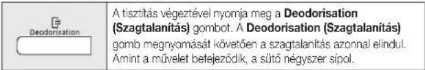 Deodorisation A tisztitás végeztével nyomja meg a Deodorisation (Szagtalanítás) gombot. A Deodorisation (Szagtalanítás) gomb megnyomását követően a szagtalanítás azonnal elindul. Amint a művelet befejeződik, a sütő négyszer sipol.