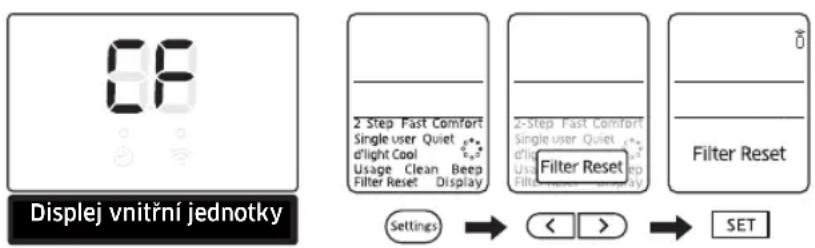 88 Displej vnitřní jednotky 2 Step Fast Comfort Single user Quiet d'light Cool Usage Clean Beep Filter Reset Display Filter Reset Settings < > SET