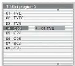 Trídění programů 01 TVE 02 TVE2 03 TV3 04 C33 01 TVE 05 C27 06 C58 07 S02 08 S06