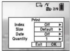 Print Index Off ▶ Size Default ▶ Date Off ▶ Quantity 1 ▶ Exit OK