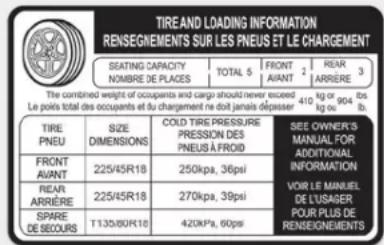 TIRE AND LOADING INFORMATION RENSEGNEMENTS SUR LES PNEUS ET LE CHARGEMENT SEATING CAPACITY NOMBRE DE PLACES TOTAL 5 FRONT AVANT REAR ARRIÈRE 3 The combined weight of occupants and cargo should never exceed 410 kg or 904 lbs. Le pois total des occupants et du chargement ne doit jamais dépasser b. TIRE PNEU SIZE DIMENSIONS COLD TIRE PRESSURE PRESSION DES PNEUS À FROID SIZE OWNER'S MANUAL FOR ADDITIONAL INFORMATION REAR ARRIÈRE 225/45R18 250kpa, 36psi VOR LE MANUEL DE L'USAGER SPARE DE SECOURS 225/45R18 270kpa, 39psi POUR PLUS DE RENSEGNEMENTS T130/80R18 420kPa, 60ps