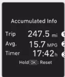 Accumulated Info Trip 247.5 mi Avg. 15.7 MPG Timer 17:42 h Hold OK: Reset