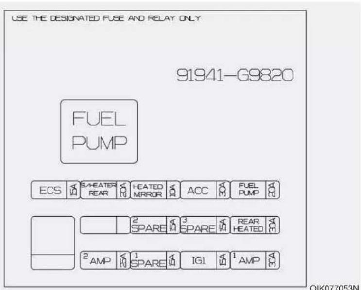 USE THE DESIGNATED FUSE AND RELAY ONLY 91941—G9820 FUEL PUMP ECS S/HEATER REAR HEATED MIRROR ACC FUEL PUMP 2 SPARE 3 SPARE REAR HEATED 2 AMP 1 SPARE IG1 1 AMP OJK077053N