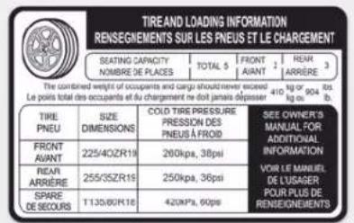 TIRE AND LOADING INFORMATION RENSEGNEMENTS SUR LES PNEUS ET LE CHARGEMENT SEATING CAPACITY NOMBRE DE PLACES TOTAL 5 FRONT AVANT 1 REPAR 3 ARRIÈRE 410 kg or 900 N. B. The combined weight of occupants and cargo should never exceed Le point total des occupants et du chargement ne doit jamais déposer TIRE PNEU SIZE DIMENSIONS COLD TIRE PRESSURE PRESSION DES PNEUS À FROID SEE OWNERS MANUAL FOR ADDITIONAL INFORMATION REAR AVANT 225/40ZR19 260kpa, 38pai VOR LE MANUEL DE L'USAGER SPARE DE SECOURS 255/35ZR19 250kpa, 36pai POUR PLUS DE RENSEGNEMENTS