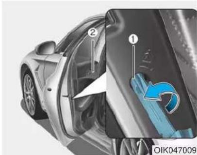 Diagram showing car interior with labeled parts and a blue tool interacting with the door, likely illustrating a safety or cleaning concept.