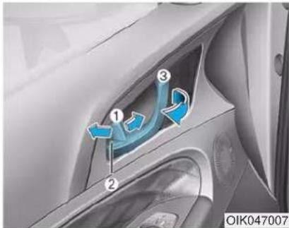 Diagram showing car door and side panel with numbered arrows indicating flow or movement, labeled OIK047007