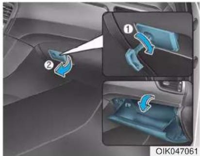 Diagram showing car seatbelt adjustment with numbered steps and a highlighted blue component