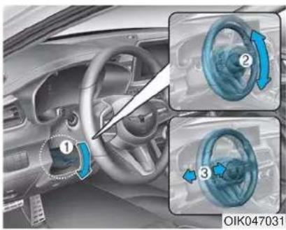 Diagram of car interior showing steering wheel and three directional arrows indicating rotational or mechanical components
