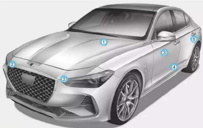 Diagram of a silver sedan with numbered car front brackets and blue circular annotations indicating specific components.