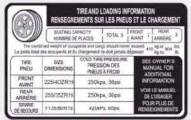 TIRE AND LOADING INFORMATION RENSEGNEMENTS SUR LES PNEUS ET LE CHARGEMENT SEATING CAPACITY NOMBRE DE PLACES TOTAL S FRONT AVANT 1 REAR ARRIES 3 The combined weight of occupants and cargo about never exceed 410 kg or 904 lb. Le point total des occupants et du chargement ne doit jamais dépasser TIRE PNEU SIZE DIMENSIONS COLD TIRE PRESSURE PRESSION DES PNEUS À FROID SEE OWNER'S MANUAL FOR ADDITIONAL INFORMATION REAR ARRIES 225/40ZR19 250kpa, 36psi VOR LE MANUEL DE L'USAGER POUR PLUS DE RENSEGNEMENTS SPARE DE SECOURS 255/35ZR19 250kpa, 36psi T130/80K18 420kPa, 60ps