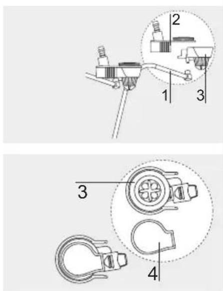 Technical diagram showing four labeled mechanical components with numbered annotations