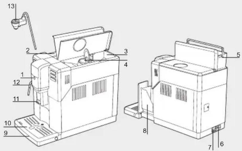 Technical diagram of a printer with numbered parts for identification and assembly reference.