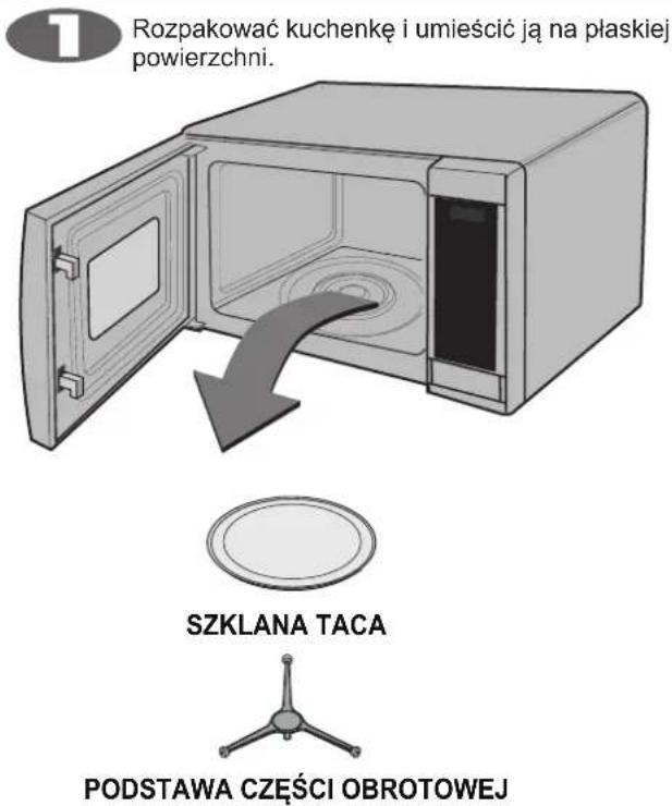 Rozpakować kuchenkę i umieścić ją na płaskiej powierzchni. SZKLANA TACA PODSTAWA CZĘŚCI OBROTOWEJ