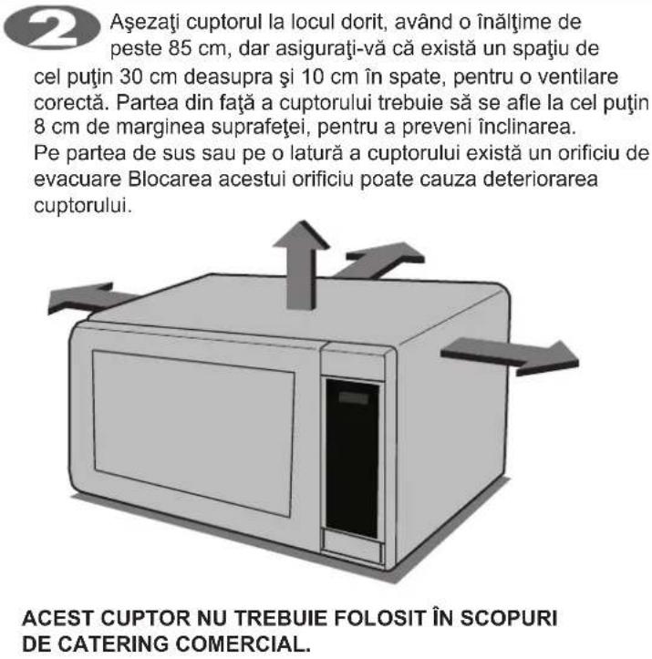 Aşezati cuptorul la locul dorit, având o înălțime de peste 85 cm, dar asigurați-vă că există un spațiu de cel puțin 30 cm deasupra și 10 cm în spate, pentru o ventilare corectă. Partea din față a cuptorului trebuie să se afle la cel puțin 8 cm de marginea suprafeței, pentru a preveni înclinarea. Pe partea de sus sau pe o latură a cuptorului există un orificiu de evacuare Blocarea acestui orificiu poate cauza deteriorarea cuptorului. ACEST CUPTOR NU TREBUIE FOLOSIT ÎN SCOPURI DE CATERING COMERCIAL.