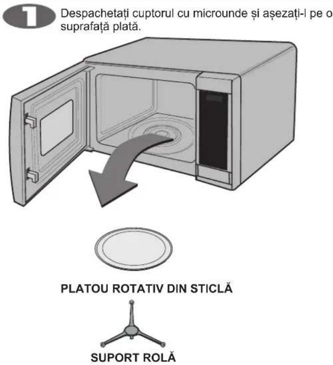Despachetați cuptorul cu microunde și așezați-l pe o suprafață plată. PLATOU ROTATIV DIN STICLĂ SUPORT ROLĂ