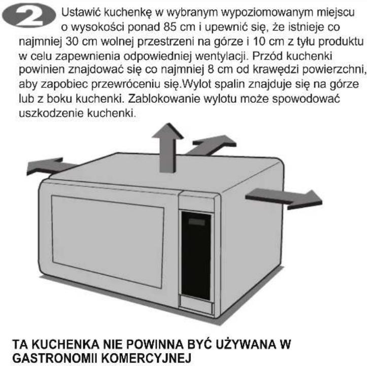 Ustawić kuchenkę w wybranym wypoziomowanym miejscu o wysokości ponad 85 cm i upewnić się, że istnieje co najmniej 30 cm wolnej przestrzeni na górze i 10 cm z tyłu produktu w celu zapewnienia odpowiedniej wentylacji. Przód kuchenki powinien znajdować się co najmniej 8 cm od krawędzi powierzchni, aby zapobiec przewróceniu się.Wylot spalin znajduje się na górze lub z boku kuchenki. Zablokowanie wylotu może spowodować uszkodzenie kuchenki. TA KUCHENKA NIE POWINNA BYĆ UŻYWANA W GASTRONOMII KOMERCYJNEJ