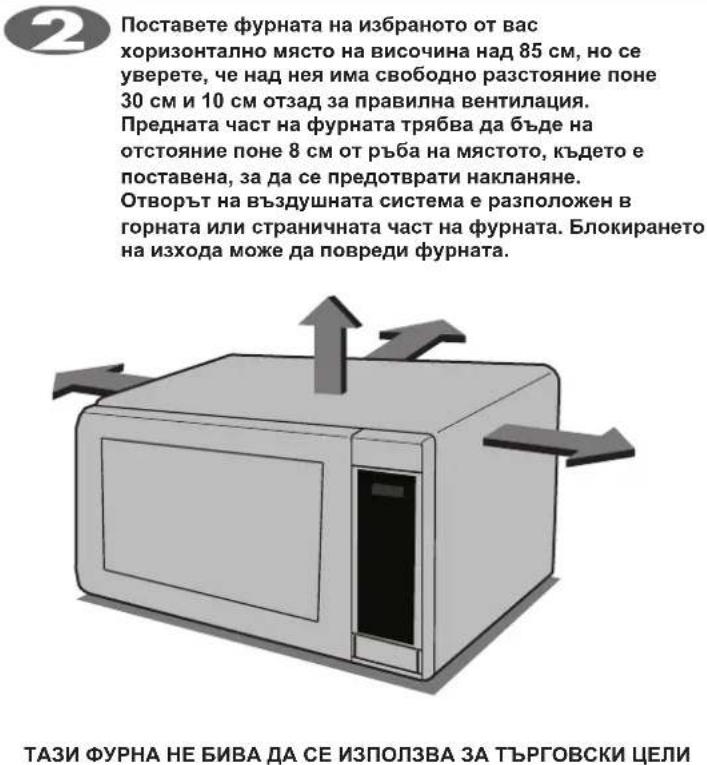 Поставете фурната на избраното от вас хоризонтално място на височина над 85 см, но се уверете, че над нея има свободно разстояние поне 30 см и 10 см отзад за правилна вентилация. Предната част на фурната трябва да бъде на отстояние поне 8 см от ръба на мястото, където е поставена, за да се предотврати накланяне. Отворът на въздушната система е разположен в горната или страничната част на фурната. Блокирането на изхода може да повреди фурната. ТАЗИ ФУРНА НЕ БИВА ДА СЕ ИЗПОЛЗВА ЗА ТЪРГОВСКИ ЦЕЛИ