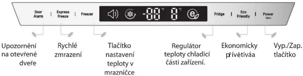 Door Alarm | Express Freeze | Freezer Upozornění na otevřené dveře Rychlé zmrazení Tlačítko nastavení teploty v mrazničce Regulátor teploty chladicí části zařízení. Fridge | Eco Friendly | Power sec. Ekonomicky přívětiváa Vyp./Zap. tlačítko