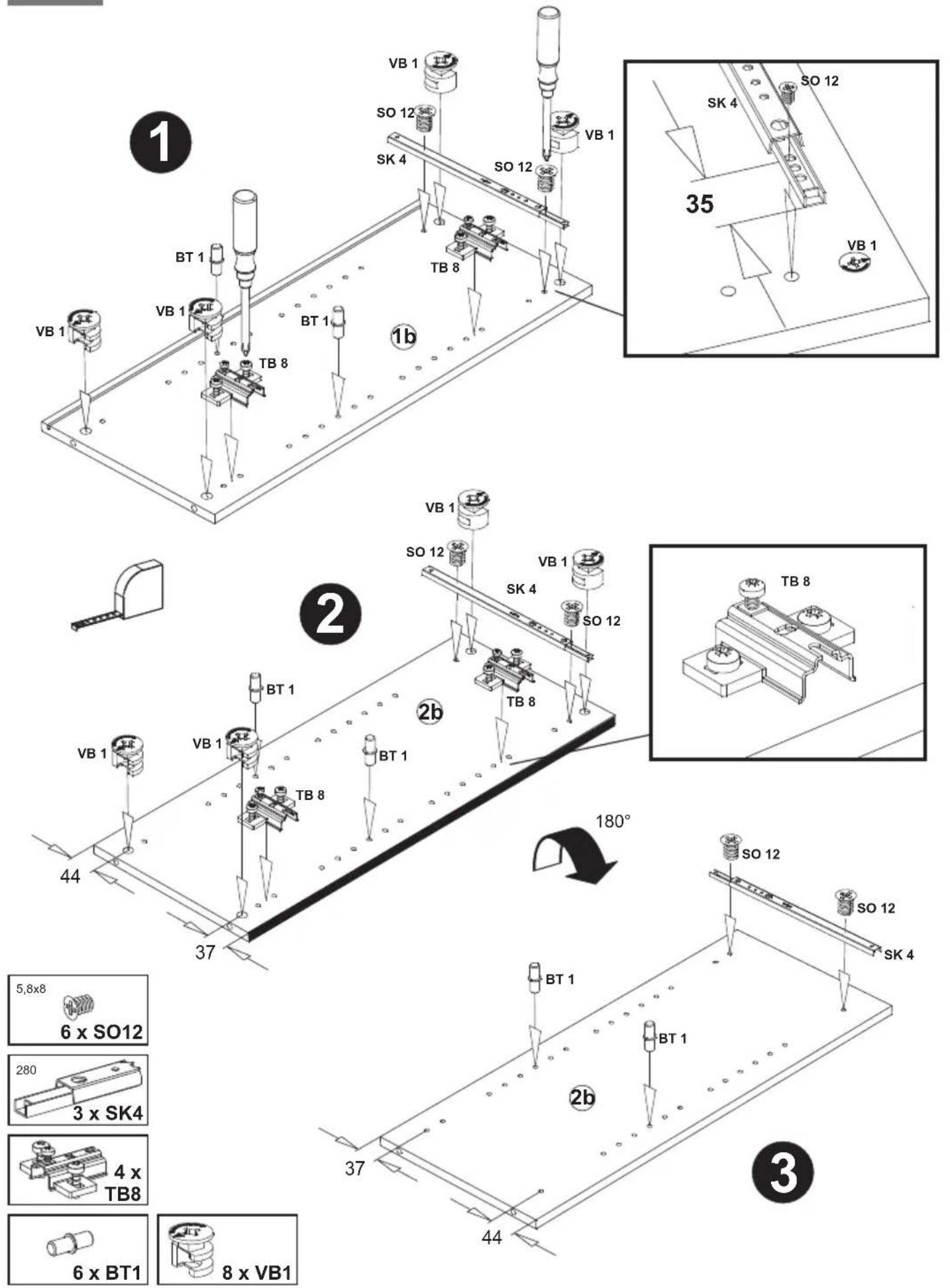 Technical diagram illustrating assembly steps of a mechanical device with labeled components and dimensions